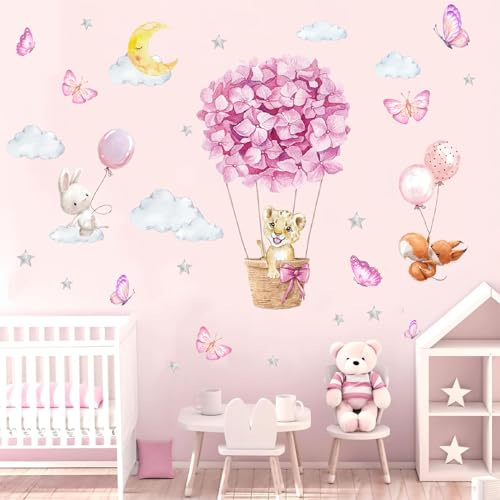 TOARTI Wandsticker Kinderzimmer,Rosa Wandtattoo,Tiere Heißluftballon Wandaufkleber,Blumen Wanddeko,DIY Fuchs Hase Babyzimmer Wandbild Mädchen Junge Schlafzimmer Wanddeko von TOARTi