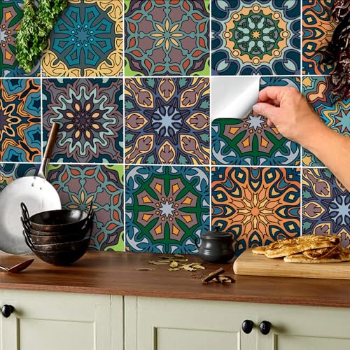 TOARTI 18 Stück Bunt Fliesenaufkleber,Mosaik Küche Wandfliese Aufkleber,Marokkanischer Fliesenfolie Badezimmer,Treppenaufkleber Wandfliese Aufkleber,Wasserdicht Selbstklebende Fliesensticker,15×15CM von TOARTi