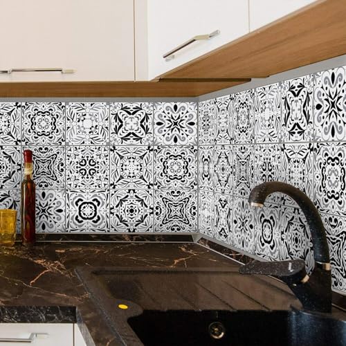 TOARTI 18 Stück Mosaik Bodenaufkleber Schwarz Grau und Weiß Fliesenaufkleber Wandfliese Aufkleber für 15x15cm Fliesen Fliesenfolie für Bad und Küche Deko,15x15 cm von TOARTi