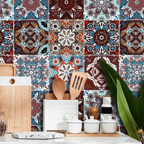 TOARTI 18 Stück Bunt Fliesenaufkleber,Mosaik Küche Wandfliese Aufkleber,Marokkanischer Fliesenfolie Badezimmer,Treppenaufkleber Wandfliese Aufkleber,Wasserdicht Selbstklebende Fliesensticker,15×15CM von TOARTi