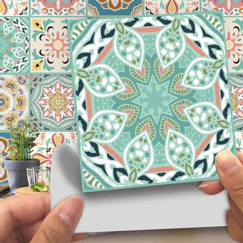 TOARTI 18 Stück Bunt Fliesenaufkleber 15×15CM Mosaik Küche Wandaufkleber DIY Marokkanischer Fliesenfolie für Badezimmer Treppenaufkleber Wandfliese Aufkleber Wasserdicht Selbstklebende Fliesensticker von TOARTi