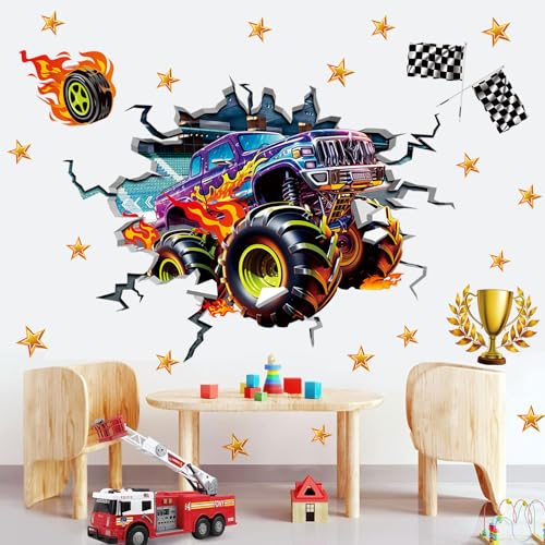 TOARTI 3D Auto Wandtattoo Jungenzimmer Wandaufkleber (BxH)88x66cm Lila Auto Kinderzimmer Wandtattoo Rennwagen Sterne Junge Wandsticker Babyzimmer Schlafzimmer Wohnzimmer Spielzimmer Wanddeko von TOARTi