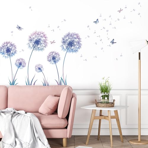 TOARTI Groß Wandtattoo Löwenzahn,Blau Wandsticker für Kinderzimmer Mädchen,Wandtattoo Pusteblume für Schlafzimmer,Schmetterling Pflanzen Blumen Wandaufkleber für Babyzimmer Wohnzimmer Wanddeko von TOARTi