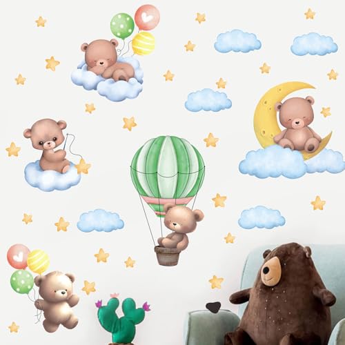 TOARTI Bär auf Mond Wandtattoo Tiere Wandaufkleber Heißluftballon Wolken und Sterne Wandsticker Lichtfarbe Babyzimmer Wanddeko Kinderzimmer Babyzimmer Schlafzimmer deko von TOARTi