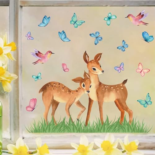 TOARTI Fensterbild Frühling Kinderzimmer Wandtattoo Ostern Rehkitz Wandaufkleber Schmetterlingen Fensteraufkleber Frühling Hirsch Wandtattoo Babyzimmer von TOARTi