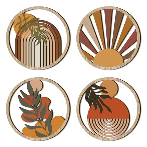 TOARTi 4 Stück Boho Holz Wandkunst Bohemian Hängende Kunst Bauernhaus Geometrische Holzwanddekor Ästhetische Botanische Kunstwerke Boho Minimalistische Wanddekoration für Wohnzimmer Schlafzimmer von TOARTi