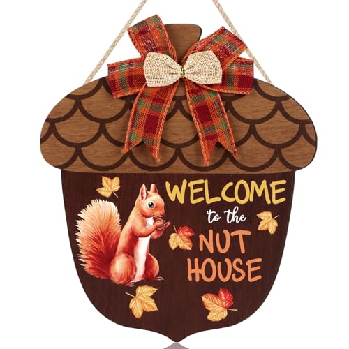 TOARTi Holzschild mit Aufschrift "Welcome to The Nut House", 25 x 29 cm, Eichhörnchen, Nüsse, Haustürschild, Bauernhaus, Ahornblätter, Wandbehang, Erntedankfest, Eichhörnchen, Wandbehang für den von TOARTi