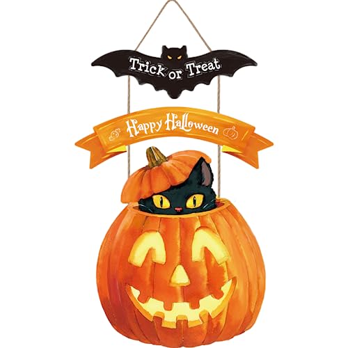 TOARTi Schwarze Katze Kürbis Holzschild für Halloween Outdoor-Dekoration, Trick or Treat Happy Halloween Holzschild zum Aufhängen, Fledermaus-Tür-Dekorationen, Kürbis Halloween Wanddekoration für von TOARTi
