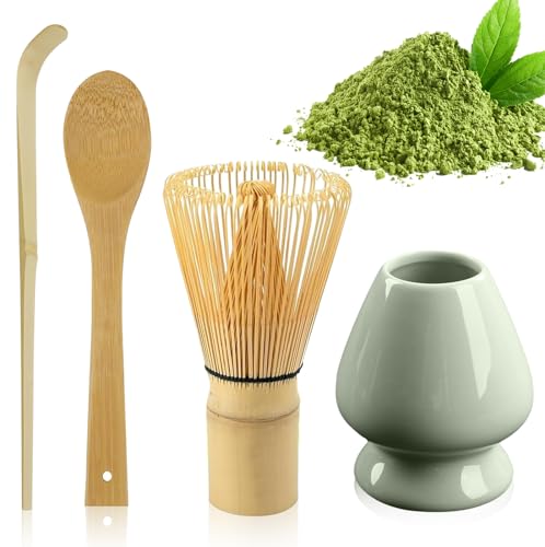 Matcha Besen 4-Teiliges Set, TOATELU Matchabesen Set 4 (100 Borsten), Matcha-Schneebesen mit 2 Matcha Löffel, Matchabesen Halter für traditionelle japanische Teezeremonie von TOATELU