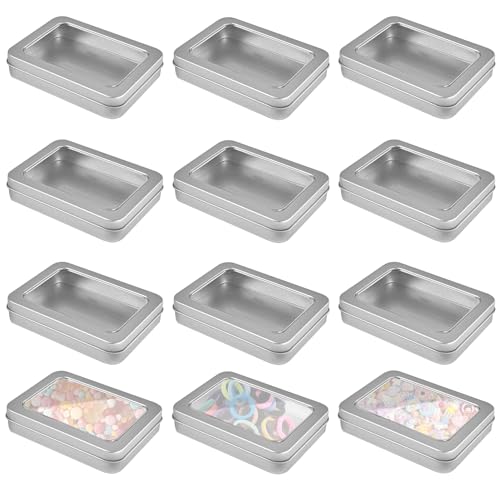 TOATELU 12 Stück Metall Aufbewahrungsbox Rechteckige, Kleine Metalldosen mit transparenter Fensterdeckel, Silber Mini Metallbox, Blechdose Leere Dosen für Hause Organizer - 115 x 85 x 22 mm (Silber) von TOATELU