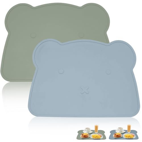 TOATELU 2 Stück Kinder Tischset: Bär Platzset Kinder, Silikon Platzset Kinder, BPA Frei Schmutzabweisende Tischunterlage, Tischsets Abwaschbar Kinder für Kinder und Kleinkinder(Blau + Grün) von TOATELU