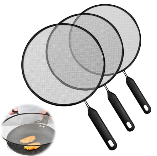 TOATELU 3 Teiliger Spritzschutz Edelstahl: Spritzschutzsieb mit Handgriff, Proofing Deckel für Pfannen, 21cm 25cm 29cm Durchmesser, Bratpfanne Öl Proofing Deckel für Pfannen Töpfe Skillets von TOATELU