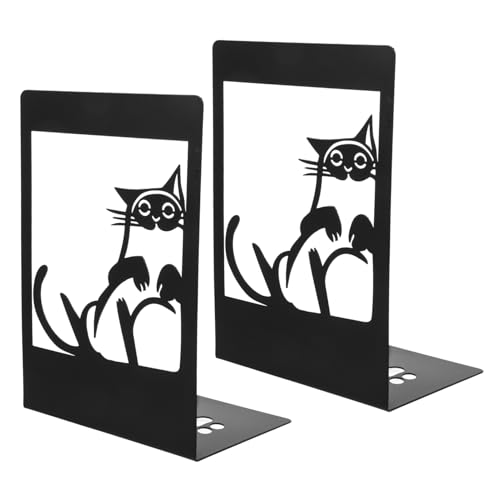 TOBBOMEY 2 Stück Metall Buchstützen Katzenmotiv Dekorativer Buchhalter für Regal und Schreibtisch Stabiles Buchstützen Design mit Flachem Boden Niedliche Deko für Büro und Zuhause Schwarz von TOBBOMEY