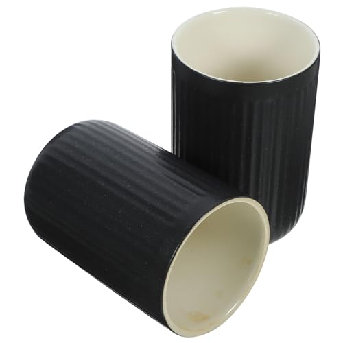 TOBBOMEY 2 Stück Retro Badezimmer Zahnputzbecher Keramik Mundspülbecher Wiederverwendbar Bad Trinkbecher Schwarz mit Vertikaler Linienstruktur für Zahnbürstenhalter und Mundspülung Zuhause von TOBBOMEY