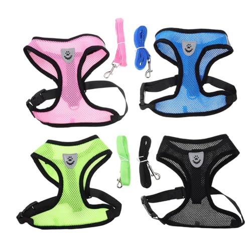 TOBBOMEY 4 Sätze Teiliges Hundegeschirr mit Leine Atmungsaktive Hundeweste für Welpen Verstellbares Geschirr in Schwarz Blau Grün Leicht und Bequem für Spaziergänge und Training von TOBBOMEY