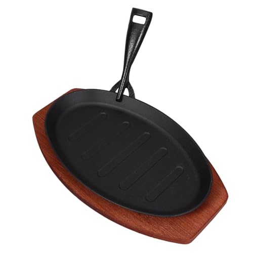 TOBBOMEY Gusseisen Fajita Pfanne mit Holztablett und Gabel Robustes Grillrost mit Streifen für Gleichmäßige Hitzeverteilung Antihaftbeschichtete Oberfläche für Steak und Sizzling Gerichte von TOBBOMEY