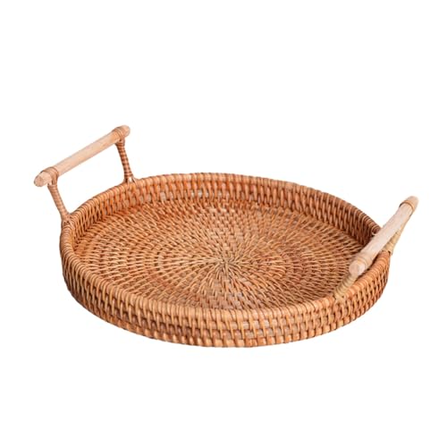 TOBBOMEY Rattan Serviertablett mit Griffen Handgewebtes Natürliches Aufbewahrungstablett für Brot Obst und Snacks Wiederverwendbar Vintage Design für Küche Wohnzimmer und Schlafzimmer von TOBBOMEY