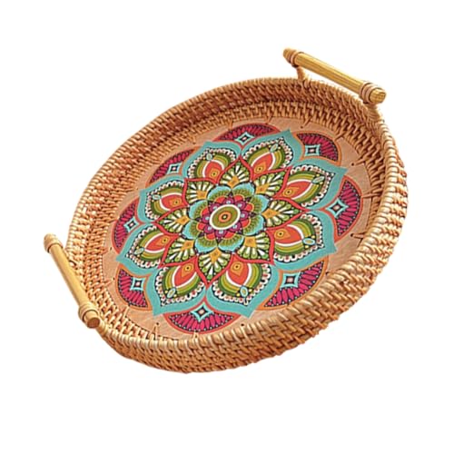 TOBBOMEY Rundes Serviertablett aus Handgewebtem Rattan mit Mandala Muster Leichter Griff Vielseitiges Snack und Obsttablett Nachhaltiges Design für Picknick Frühstück und Haushalt TOBBOMEY Rundes Serviertablett aus Handgewebtem Rattan mit Mandala Muster Leichter Griff Vielseitiges Snack und Obsttablett Nachhaltiges Design für Picknick Frühstück und Haushalt von TOBBOMEY