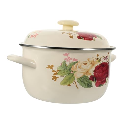 TOBBOMEY Vintage Emaillierter Suppentopf Dicker Kasserolle mit Deckel Doppelte Griffe Antihaftbeschichtet Gleichmäßige Hitzeverteilung Muster für Küche und Kochen von TOBBOMEY