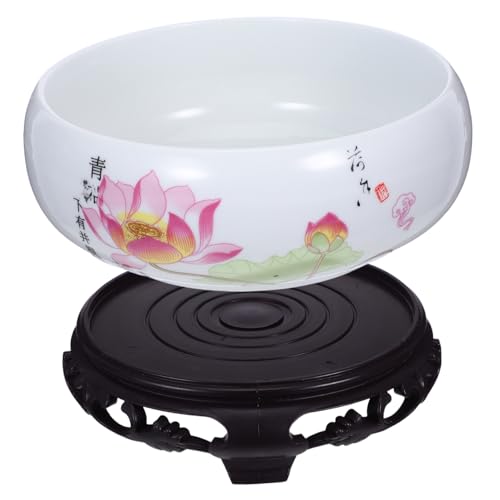 TOBBOMEY Weiße Porzellan Lotus Schale Pflanzer mit Stand Keramik Wasserpflanzen Schale ohne zweifarbigen Dekoratives Blumenbecken Hydroponischer Indoor Blumentopf von TOBBOMEY