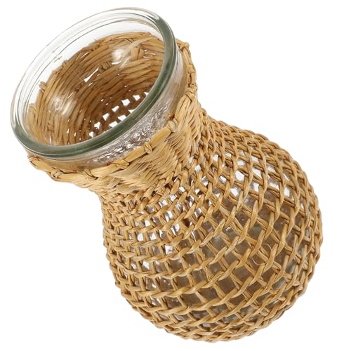 TOBBOMEY Wunderschöne Handgefertigte Rattangeflecht Vase mit Glas inneneinsatz Kompakt Leicht Dekorativ für Getrocknete Blumen als Stilvolle Tischdeko im Vintage Landhausstil von TOBBOMEY