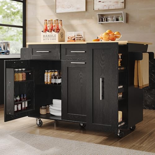 Geräumiger Küchenschrank mit klappbare Tischplatte 110 x 74x 90.5cm, küchenwagen zum Rollen, Multifunktionale Kücheninsel mit Speicherraum, mit Snackregalen und Stretchfunktionsschränken (Schwarz) von TOBIDOEN