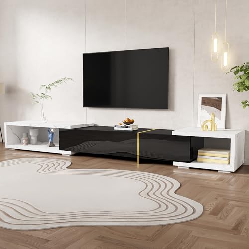 Moderner TV-Schrank mit variabler Länge (140-260 cm), drehbarer Fernsehkommode mit Doppelfarbiges Design und Marmoroptik, Hochglanz-Matt-Finish und goldenen Verzierungen (Schwarz + Weiß Marmoroptik) von TOBIDOEN