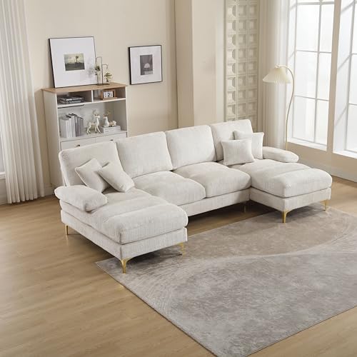 Modernes Geräumiges U-förmiges Sofa mit doppelten Liegesitzen, vier große Rückenkissen und zwei kleine Wurfkissen, Goldene Metallfüße, 4 Sitzer Sofa für Wohnzimmer und Schlafzimmer, Chenille (Beige) Modernes Geräumiges U-förmiges Sofa mit doppelten Liegesitzen, vier große Rückenkissen und zwei kleine Wurfkissen, Goldene Metallfüße, 4 Sitzer Sofa für Wohnzimmer und Schlafzimmer, Chenille (Beige) von TOBIDOEN