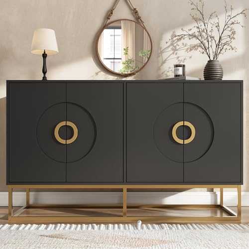 Modernes Sideboard mit einzigartiges Schranktürdesign und stabilen Eisenfüßen, Wohnzimmer Schrank, Aufbewahrungsschrank Buffetschrank Küche mit verstellbaren Fächern 140×40×83cm (Schwarz) von TOBIDOEN