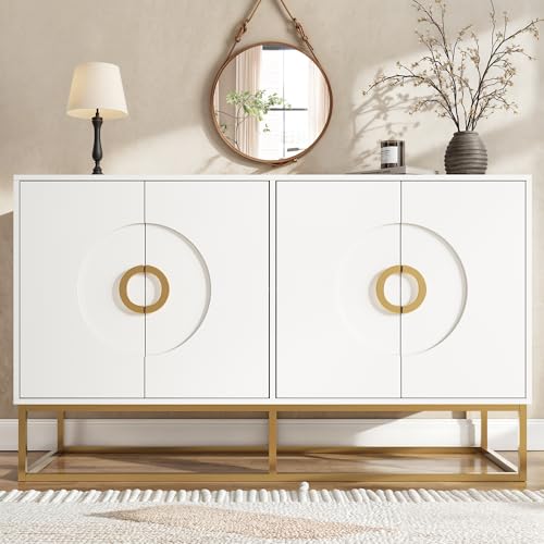 Modernes Sideboard mit einzigartiges Schranktürdesign und stabilen Eisenfüßen, Wohnzimmer Schrank, Aufbewahrungsschrank Buffetschrank Küche mit verstellbaren Fächern 140×40×83cm (Weiß) von TOBIDOEN