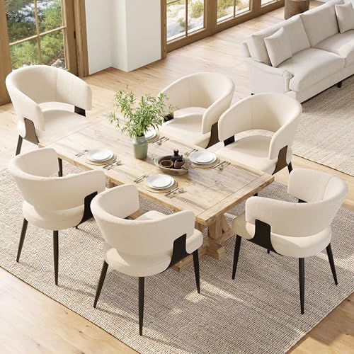 Polsterstuhl Esszimmerstühle 6er Set, Esszimmerstuhl Schminkstuhl mit Komfort Geschwungene Rückenlehne, für Esszimmer, Ankleidezimmer, Wohnzimmer, Balkon, Lammfellstoff, 59x46.5x81.5cm (Beige) von TOBIDOEN