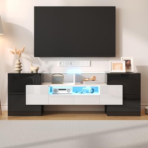 Stilvoller TV-Schrank Lowboard mit Doppelfarbiges Design, Hochglänzendes Sideboard Wohnzimmer TV mit sechs Türen, Zwei Schubladen und DREI Fächern, Glasoberfläche, 145x30x51cm (Schwarz und Weiß) von TOBIDOEN