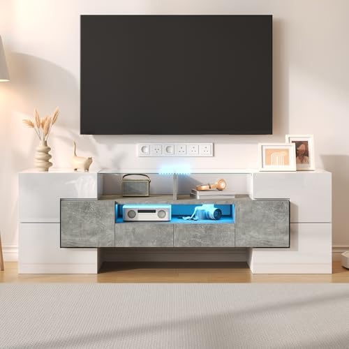 Stilvoller TV-Schrank Lowboard mit Doppelfarbiges Design, Hochglänzendes Sideboard Wohnzimmer TV mit sechs Türen, Zwei Schubladen und DREI Fächern, Glasoberfläche, 145x30x51cm (Weiß und Beton) von TOBIDOEN