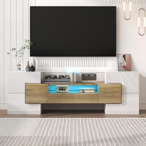Stilvoller TV-Schrank Lowboard mit Doppelfarbiges Design, Hochglänzendes Sideboard Wohnzimmer TV mit sechs Türen, Zwei Schubladen und DREI Fächern, Glasoberfläche, 145x30x51cm (Weiß und Holz) von TOBIDOEN