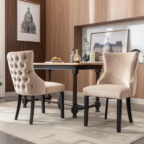 Stühle Esszimmer 2er Set, Polsterstuhl Küchenstühle 2 set, Esszimmerstuhl Wohnzimmerstuhl mit einzigartigem Knopfsteppung der Rückseite, Gebogene Beine aus Massivholz, Samt, 50x45x91 cm (Beige-B) von TOBIDOEN