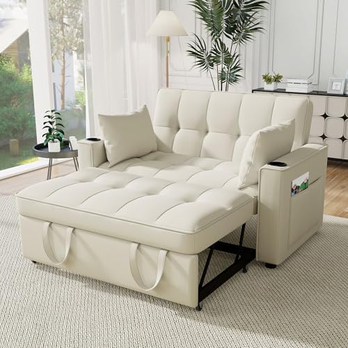 TOBIDOEN 2 Sitzer Klappsofa mit Schlaffunktion, Polstersofa aus Samt, Freizeitsofa Klappbares Schlafsofa mit Getränkehalter und Kissen für Wohnzimmer/Schlafzimmer/Wohnung (Beige) von TOBIDOEN