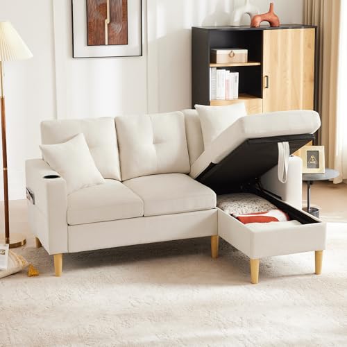 TOBIDOEN 3 Sitzer Sofa mit Integriertem Getränkehalter und 2 Kissen, L-Form Polstersofa mit Versteckter Stauraum unter dem Chaiselongue, Sitzbreite 149cm für Wohnzimmer/Büro/Schlafzimmer (Beige) von TOBIDOEN