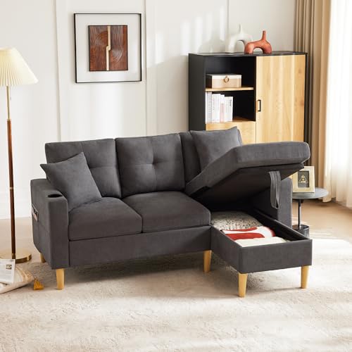 TOBIDOEN 3 Sitzer Sofa mit Integriertem Getränkehalter und 2 Kissen, L-Form Polstersofa mit Versteckter Stauraum unter dem Chaiselongue, Sitzbreite 149cm für Wohnzimmer/Büro/Schlafzimmer (Dunkelgrau) von TOBIDOEN