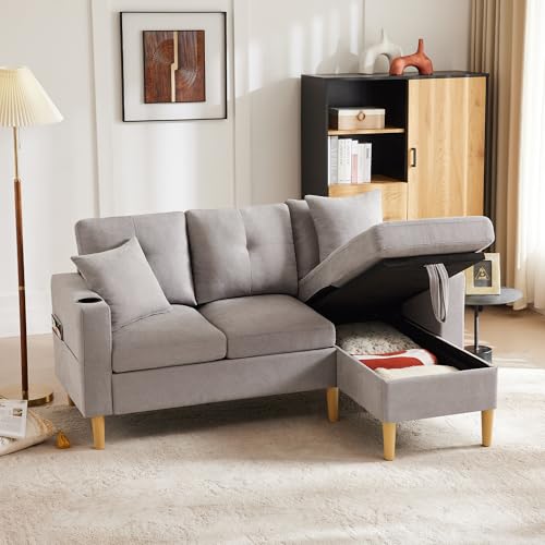 TOBIDOEN 3 Sitzer Sofa mit Integriertem Getränkehalter und 2 Kissen, L-Form Polstersofa mit Versteckter Stauraum unter dem Chaiselongue, Sitzbreite 149cm für Wohnzimmer/Büro/Schlafzimmer (Hellgrau) von TOBIDOEN