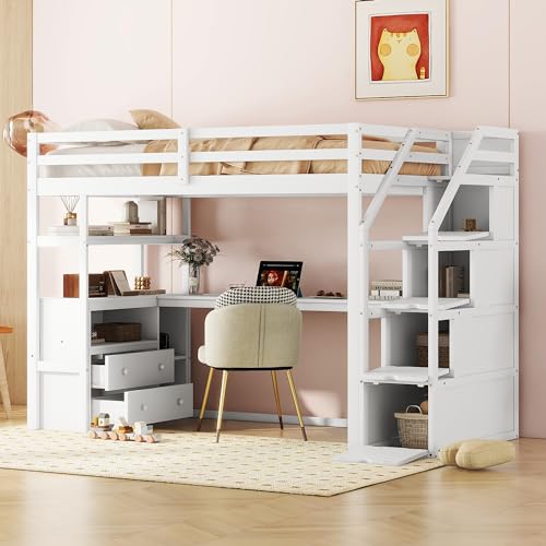 TOBIDOEN 90 x 200 Hochbett für Teenager Erwachsene, mit Stauraumtreppe und 2 Schubladen, Schreibtisch für Büro und Unterhaltung, Bettgestell aus Kiefernholz (weiß, 90 * 200 cm) von TOBIDOEN