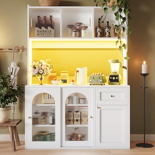 TOBIDOEN Buffetschrank Küche 120x35x167cm mit Glasschiebetüren, Hochschrank Küchenschrank mit Arbeitsplatte, Verstellbaren Ablagen und Schubladen, Sideboard Wohnzimmer aus Holz (Weiß) von TOBIDOEN