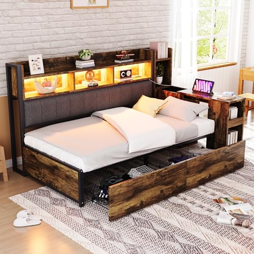 TOBIDOEN Daybett 90x200 cm mit Eisenrahmen, Großen Schubladen und Ausziehbarem Tisch, Einzel-Jugendbett mit Multifunktionalen Staufächern, Ambiente-Rendering, Rückenlehne Bettrahmen, Holzfarbe TOBIDOEN Daybett 90x200 cm mit Eisenrahmen, Großen Schubladen und Ausziehbarem Tisch, Einzel-Jugendbett mit Multifunktionalen Staufächern, Ambiente-Rendering, Rückenlehne Bettrahmen, Holzfarbe von TOBIDOEN