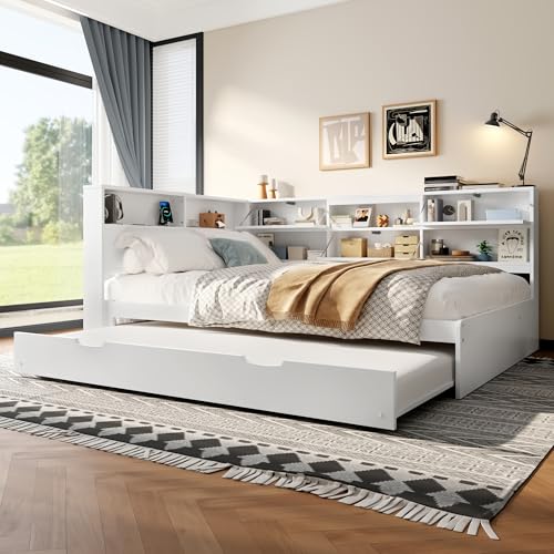 TOBIDOEN Daybett Tagesbett 140x200 cm mit Ausziehbett 90x190 cm, Wandbett Kopfteil mit Mehreren Ablagefächern und Integriertem US/B Funktion, Als Einzel- oder Doppelbett nutzbar, Massivholz, Weiß TOBIDOEN Daybett Tagesbett 140x200 cm mit Ausziehbett 90x190 cm, Wandbett Kopfteil mit Mehreren Ablagefächern und Integriertem US/B Funktion, Als Einzel- oder Doppelbett nutzbar, Massivholz, Weiß von TOBIDOEN