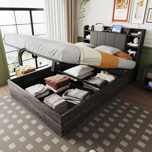 TOBIDOEN Doppelbett Holzbett 140x200 cm mit Bettkasten, Kopfteil mit mehrere offenem Ablagefächer und Versteckter Staufach, Multifunktionsbett Jugendbett, Grau von TOBIDOEN