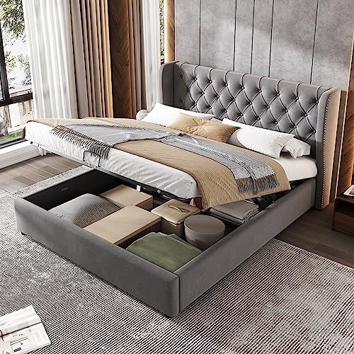 TOBIDOEN Doppelbett Polsterbett 140x200 mit Bettkasten Stauraum, Ohrenform Kopfteil mit Große Knopfnähte, Stauraumbett Erwachsenenbett mit Lattenrost aus Holz, Samtstoff, Grau von TOBIDOEN
