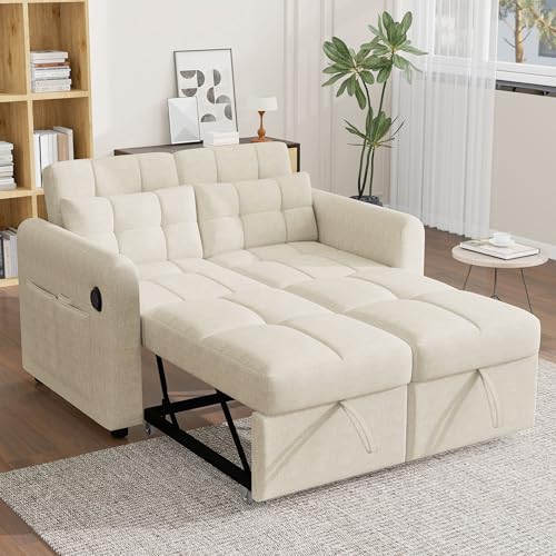 TOBIDOEN Doppelsofa Loveseat-Sofa für 2 Personen, 3-in-1-Ausziehsofa mit Verstellbarer Rückenlehne und Kissen, Schlafsofa mit US/B Funktion und Armlehnentaschen für Mehrere Szenen (Beige) von TOBIDOEN
