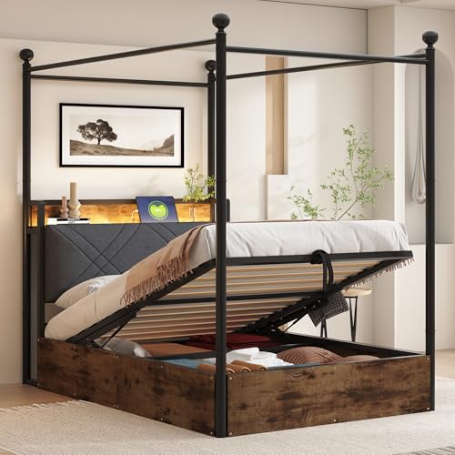 TOBIDOEN Eiseneinzelbett 90x190 cm mit Herunterklappbarem Bettkasten und Baldachin aus Schmiedeeisen, Abnehmbarer Bettpfosten und Multifunktionales Weiches Kopfteil für Erwachsene/Jugendliche, Schwarz von TOBIDOEN