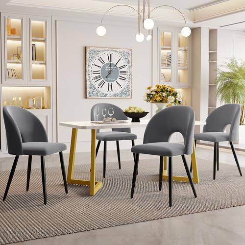 TOBIDOEN Essgruppe Set 117×68 cm Rechteckig, Esstisch mit 4 Stühlen für Moderne Küchen und Wohnzimmer, Goldene Tischbeine, 4 Esszimmerstühle aus Samt mit Rautenmuster Grau von TOBIDOEN