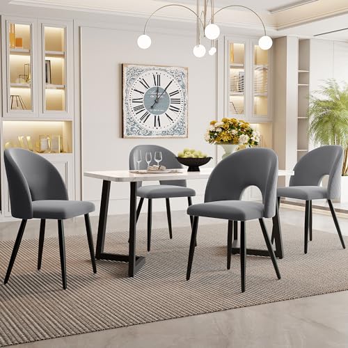 TOBIDOEN Essgruppe Set 117×68 cm Rechteckig, Esstisch mit 4 Stühlen für Moderne Küchen und Wohnzimmer, Schwarz Tischbeine, 4 Esszimmerstühle aus Samt mit Rautenmuster Grau von TOBIDOEN