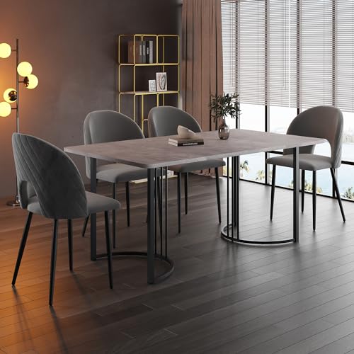 TOBIDOEN Esstisch 140×80 cm mit 4 Stühlen Set, Grau Tischplatte mit Marmoroptik, Samtbezug Stuhl mit Rautenförmige Rückennaht und Verstellbare Stuhlbeine, Schwarz Tischbeine (Grau Esszimmerstuhl) von TOBIDOEN